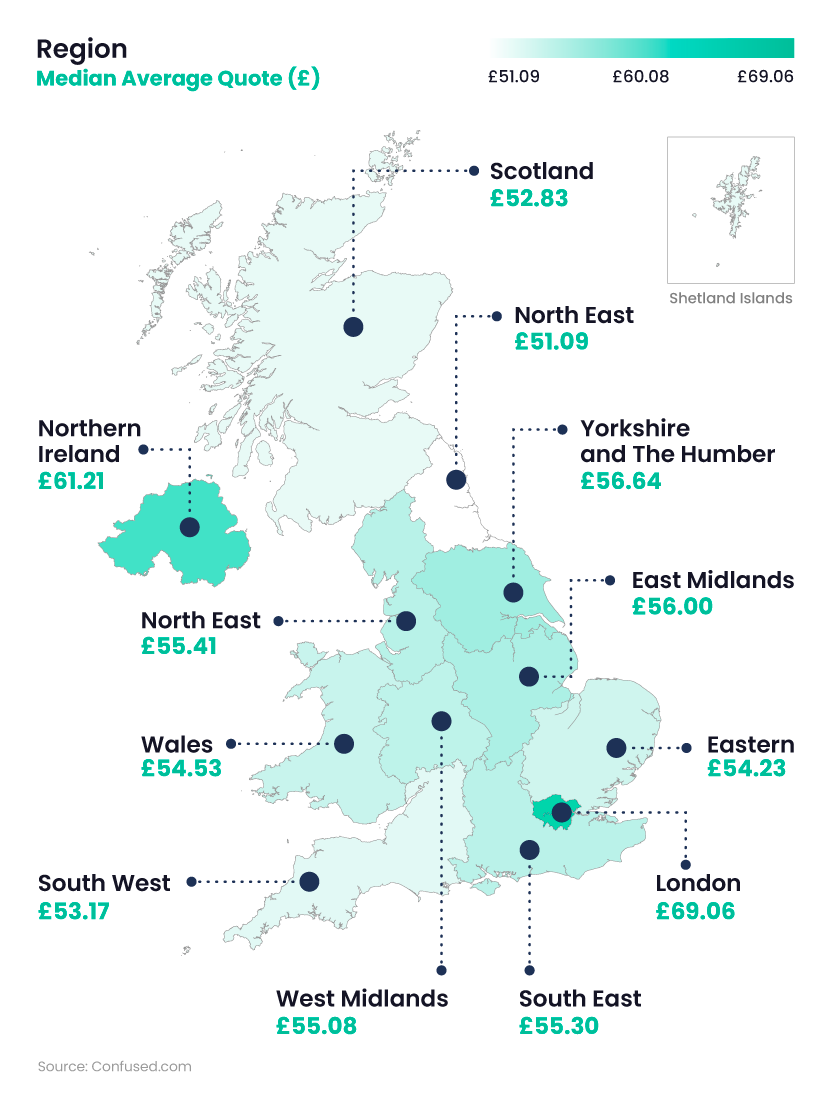 Shaded map of the UK showing UK average contents insurance costs by region